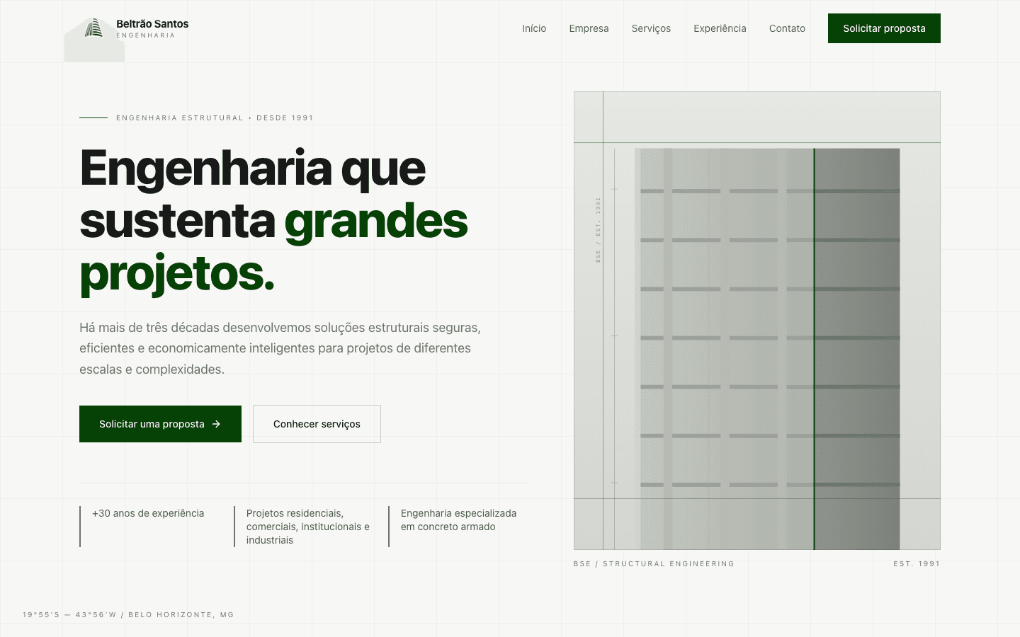 Página inicial do site da Beltrão Santos Engenharia